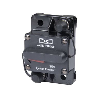Manual reset hi-amp circuit breaker, surface mount, waterproof design, featuring 90A capacity for 48V systems.