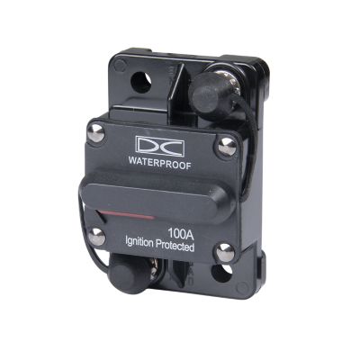 Waterproof manual reset circuit breaker, surface mount with ignition protection, rated 100 amp and 48V.