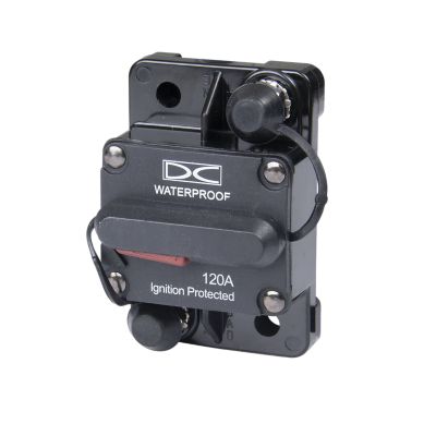 Manual reset circuit breaker, black surface mount, 120 Amp, waterproof, ignition protected, side view with visible studs.