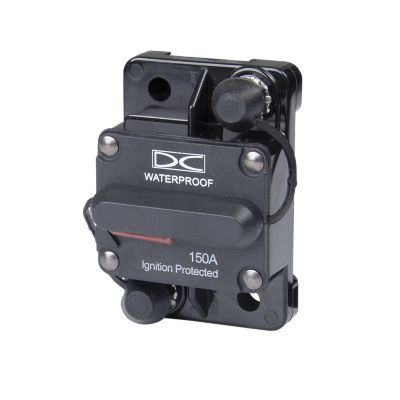 Waterproof 150 Amp manual reset hi-amp circuit breaker with surface mount and ignition protection for automotive use.