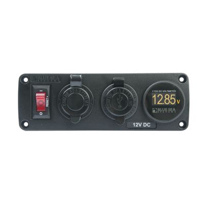 Dual USB charger and circuit breaker panel with voltmeter display from Blue Sea Systems.