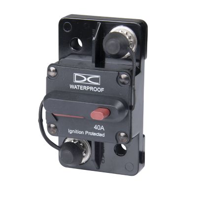 Del City waterproof, switchable 40 Amp circuit breaker with manual reset and surface mount design.