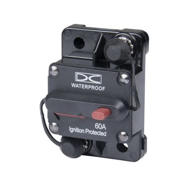 Del City surface mount circuit breaker, waterproof with manual reset, 60 Amp, 48V, featuring sturdy build and safety label.