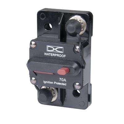 Manual reset 70A hi-amp circuit breaker with switchable surface mount, waterproof design, and ignition protection.