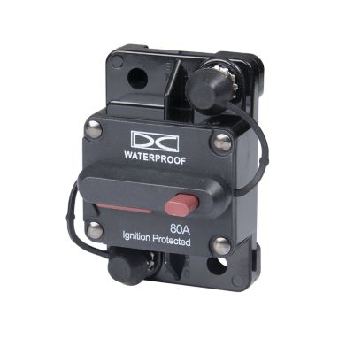 Manual reset circuit breaker by Del City, surface mount design, hi-amp capacity, waterproof and ignition protected.