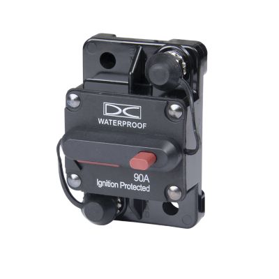 Waterproof Del City manual reset circuit breaker, surface mount, 90 amp, with ignition protection and visible switch.