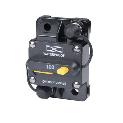 Manual reset circuit breaker, surface mount, waterproof design, 100 Amp, 48V, with prominent reset switch and mounting studs.