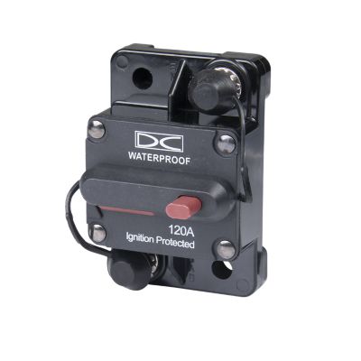 Del City manual reset circuit breaker, surface mount, waterproof, 120 amp 48V, with hi-amp switch, and sturdy design.