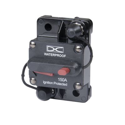 Manual reset high-amp circuit breaker, surface mount, waterproof design, ignition protected, labeled 150A, 48V.