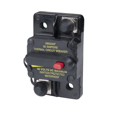 Manual reset Hi-Amp circuit breaker, surface mount, black with reset switch, 30 Amp, 48V, ignition protected.