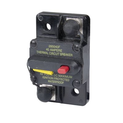 Manual reset Hi-Amp circuit breaker with switch, surface mount, 40 Amp, 48V, Eaton Bussmann model showcasing design features.
