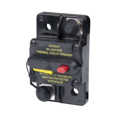 Manual Reset Hi-Amp Circuit Breaker, surface mounted, 60 Amp, 48V, ignition protected and waterproof design.
