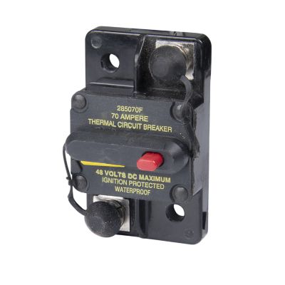 Manual reset Hi-Amp circuit breaker by Eaton Bussmann, with red reset button and black casing, suitable for surface mounting.