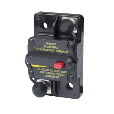 Manual reset circuit breaker with switch, Eaton Bussmann 285090F. Surface-mounted, handles 90 amps at 48 volts.