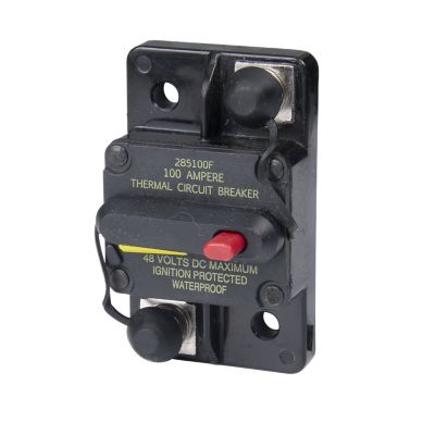 Manual reset Hi-Amp circuit breaker by Eaton Bussmann, 100 Amp, 48V, features surface mount and switchable design.
