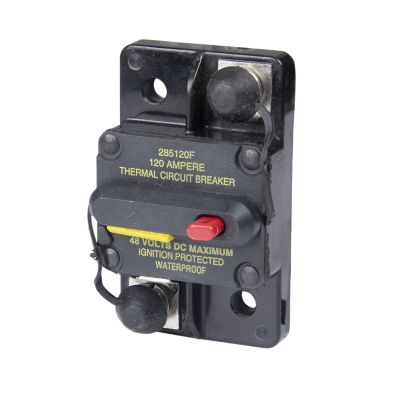 Manual reset Hi-Amp circuit breaker, 120 Amp, 48V, surface mount, waterproof design with switchable feature.