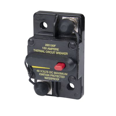 Manual Reset Hi-Amp Circuit Breaker, 150 Amp, 48V, Eaton Bussmann, switchable, surface mount, black casing.