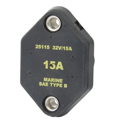 Eaton Bussmann 15A auto reset circuit breaker, panel mount design, labeled for Marine SAE Type B, black casing.