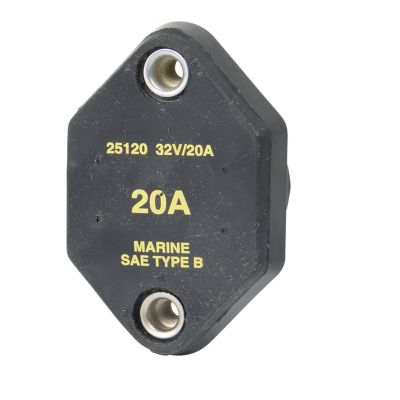 Eaton Bussmann 20 Amp auto reset circuit breaker with panel mount, featuring a sleek black design and gold labeling.