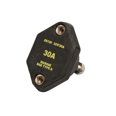 Black hexagon-shaped circuit breaker with yellow text, silver connectors, and panel mount design.