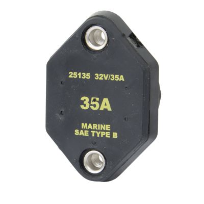 Eaton Bussmann auto reset circuit breaker, panel mount, 35A, 32V, black casing with visible mounting holes and labels.