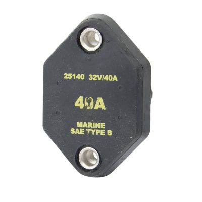 Eaton Bussmann 251-40-B-2 auto reset circuit breaker, panel mount, 40 amp, black casing with yellow markings.