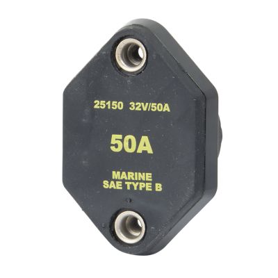 Auto Reset Circuit Breaker, Panel Mount, Marine SAE Type B, 50 Amp, 32V for electrical systems. Black with yellow text.