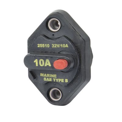 Manual reset switchable mid-range circuit breaker for panel mount, featuring red button and labeled details for easy identification.