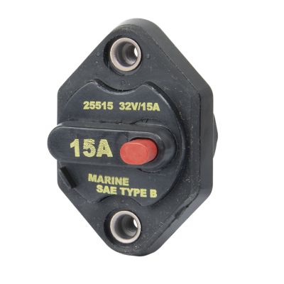 Eaton Bussmann manual reset circuit breaker, 15 amp, 32V, panel mount, switchable, mid-range model.