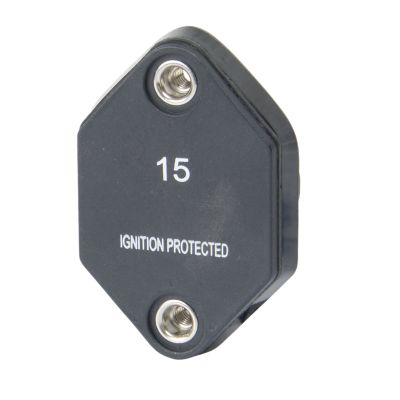 Auto reset circuit breaker with dual #10-32 studs, labeled 15 Amp and ignition protected, suitable for 32V systems.
