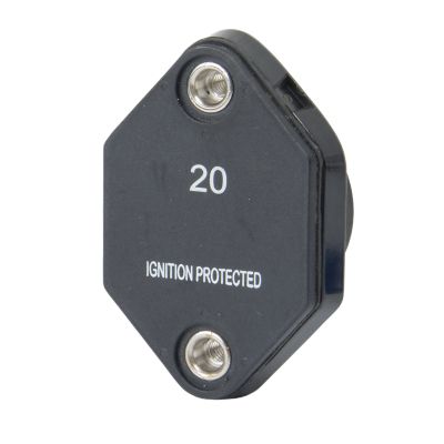 Del City auto reset mid-range circuit breaker with ignition protection, featuring #10-32 studs and 20 amp rating.