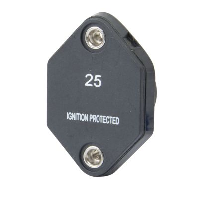 Auto reset circuit breaker with ignition protection, two metal studs, rated 25 amps, compact black design.