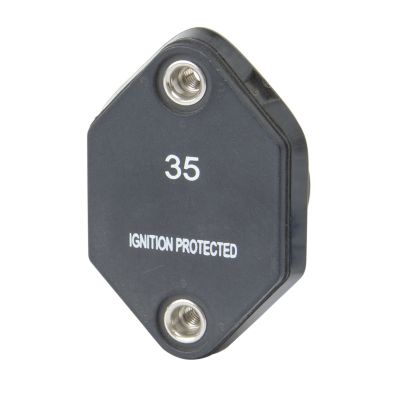 Del City auto reset circuit breaker with #10-32 studs, 35A, ignition protected, shown in close-up view.