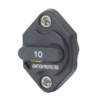 Manual reset mid-range circuit breaker with dual studs, 10 Amp rating, and ignition protection, designed for safe electrical use.