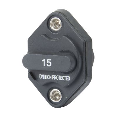 Black manual reset circuit breaker with ignition protection, featuring #10-32 studs and 15 amp rating.