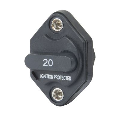Manual reset circuit breaker with #10-32 studs, 20 Amp rating, ignition protected, in black housing.