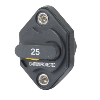 Del City manual reset circuit breaker with two studs, black finish, labeled "25" and "Ignition Protected."