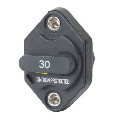 Manual reset circuit breaker with black casing, labeled 30 Amp, and ignition protected design, featuring dual studs.