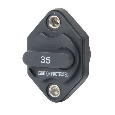 Manual reset circuit breaker by Del City, featuring ignition protection and labeled with 35 amps, designed with stud connectors.