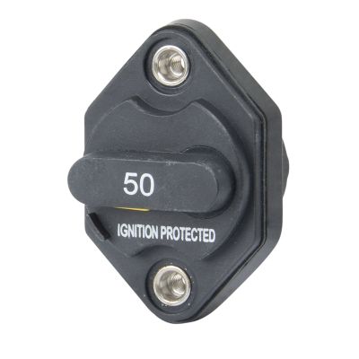 Manual reset circuit breaker with ignition protection, featuring two studs and marked with 50 Amp rating.