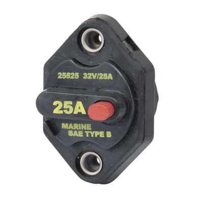 Manual reset panel mount circuit breaker, black with yellow and red markings, showing 25 Amp, suitable for marine use.