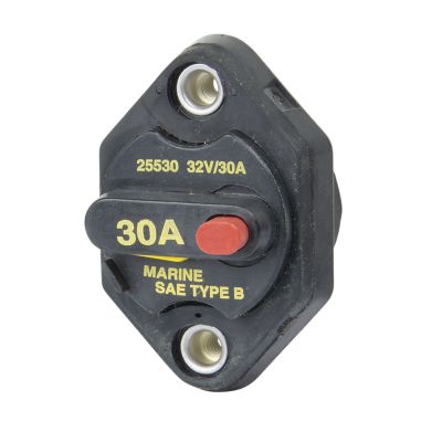 Manual reset switchable circuit breaker, panel mount, black body, red reset button, labeled 30A, 32V, with mounting holes.