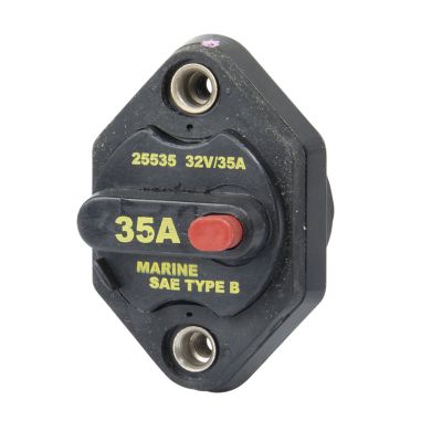 Eaton Bussmann 25535-B-2 manual reset switchable circuit breaker, black panel mount with yellow and red labeling.