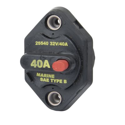 Manual reset switchable circuit breaker, panel mount, 40 Amp, 32V, featuring a red reset button and yellow labels.
