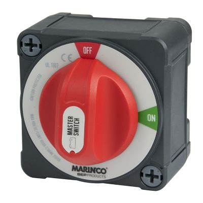 Double pole battery switch with a dark gray bottom and a red nob