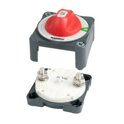 Exploded view of an open switch box that is gray with a red dial
