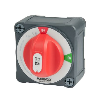 Master battery switch with a red dial and gray box
