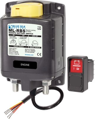 Blue Sea Systems 7700-BSS Remote Battery Switch with manual control and wiring, featuring robust design for marine use.