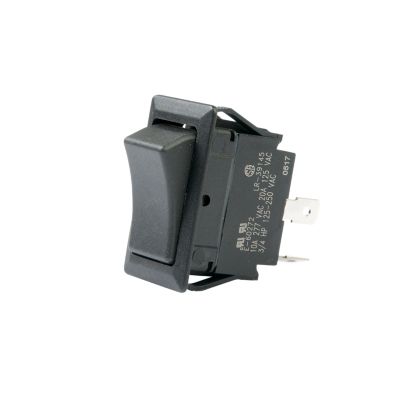 Black SPST On-Off full-size rocker switch with visible terminal pins, side view with engraved specifications.