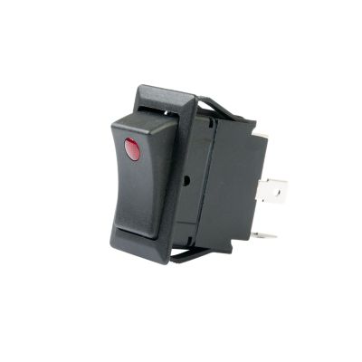 Red full-size SPST rocker switch with blade terminals, designed for DC use, featuring an on-off function.